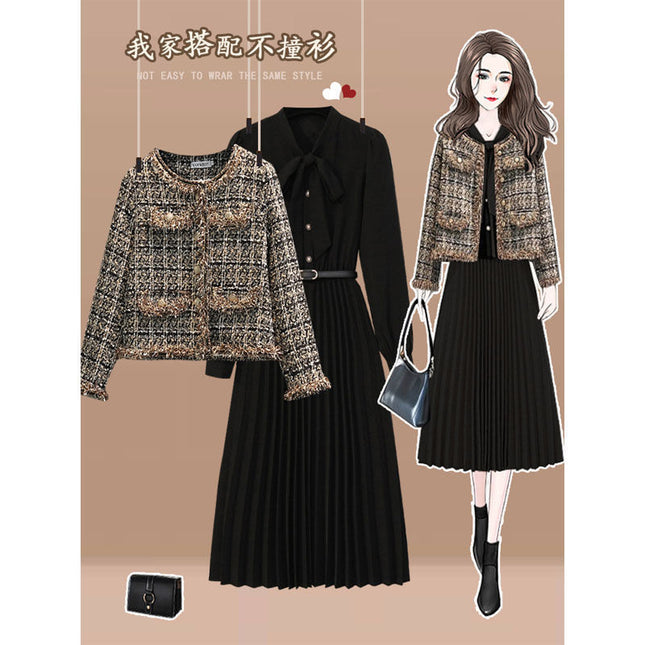 Plus Size Women's Autumn and Winter Suit 2025 New Style Cardigan Jacket Fashionable Slimming Look Versatile Dress Two-Piece Set