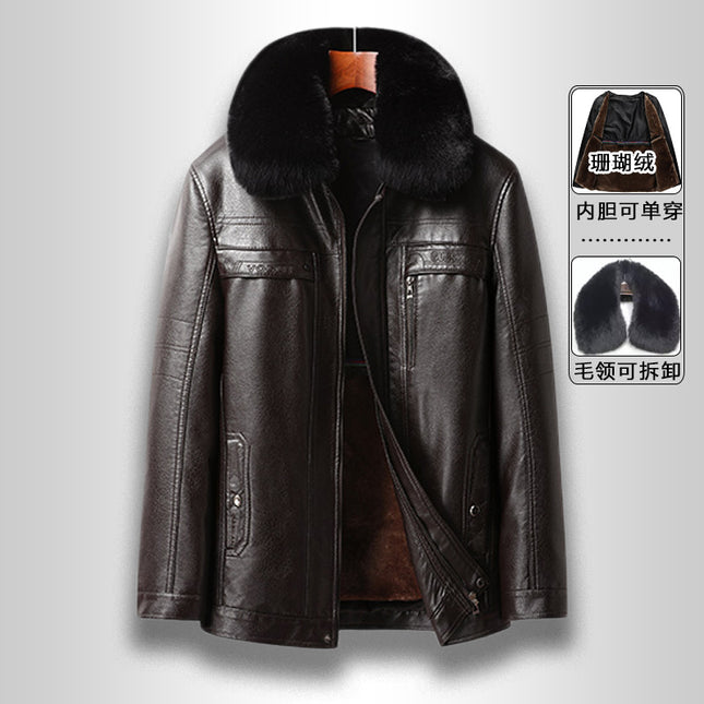 Cross-border plus size detachable liner men's leather jacket business casual dad's leather jacket fleece-lined thickened leather jacket