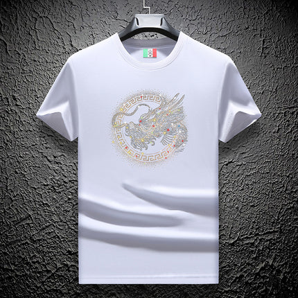 Ouzhanzhou Trendy Men's New Hot Drilling T-shirt Fashionable Slim-fit Large Size Light Luxury Men's Short-sleeved Summer Ice Silk Quick-drying