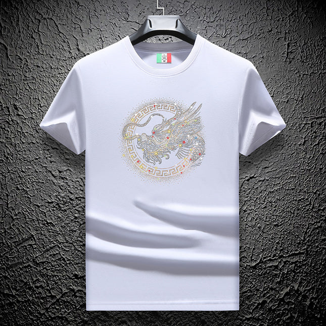 Ouzhanzhou Trendy Men's New Hot Drilling T-shirt Fashionable Slim-fit Large Size Light Luxury Men's Short-sleeved Summer Ice Silk Quick-drying