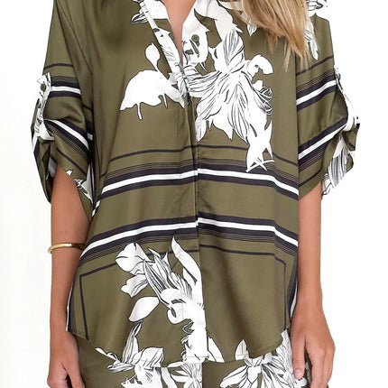 Spot 25 Years of European and American Cross-Border Summer New Fashion Casual Printed Cardigan Shirt Shorts Suit 68517