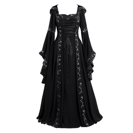 Foreign Trade European and American Women's Medieval Clothing Women's Retro Hooded Dress Square Collar Bell Sleeve Stage Performance Clothing