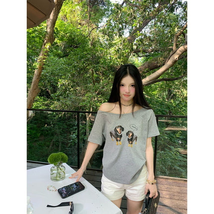 Summer Women's Tops Short-Sleeved Women's T-Shirt Clothes One-Shoulder High-End Cute Printed Short-Sleeved T-Shirt Custom Group Uniform
