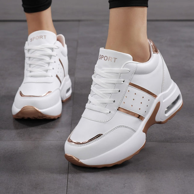 Women's Height-Increasing Sneakers for Foreign Trade, 2025 Spring and Autumn New Style, Leather Thick-Soled White Shoes, Large Size Color-Blocking Dad Shoes