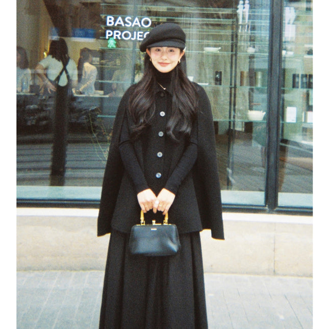 Handmade double-sided Cape coat 2024 new black wool mid-length elegant slimming coat women's clothing