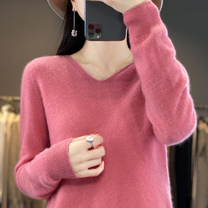First-Line Garments 100 Pure Wool 2025 Spring New Women's V-Neck Hooded Sweater Pullover Short Needle Sweater