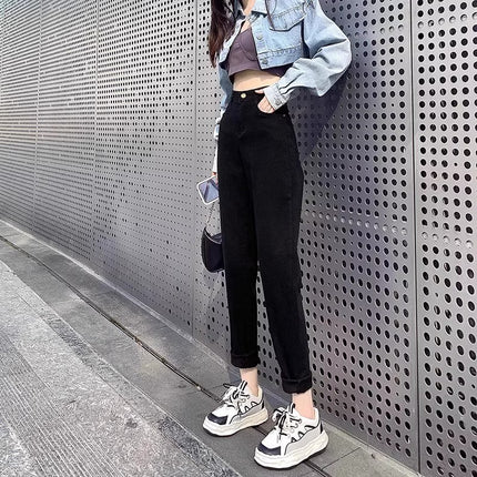 fleece-lined Thickened Black Harlan Turnip Jeans Women's Fashionable All-match New Solid Color High Waist Slimming Dad Pants