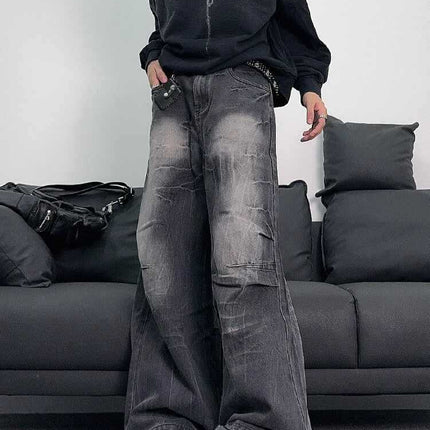 American Style Retro Niche Lightning Pattern Wide-legged Jeans Men's Loose Washed Pleated Straight Casual High Street Long Pants