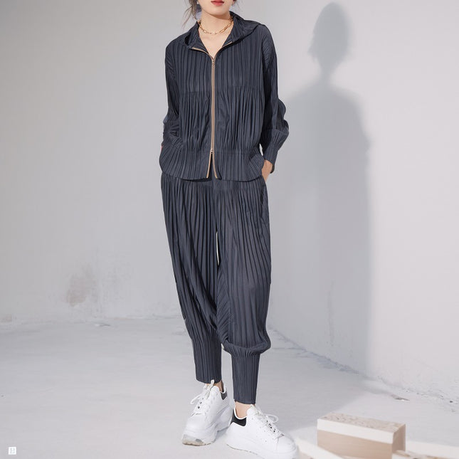 Miyake-Style Women's High-End Two-Piece Set 2026 Hooded Zip-Up Jacket Versatile Pleated Pants Casual Outfit Set