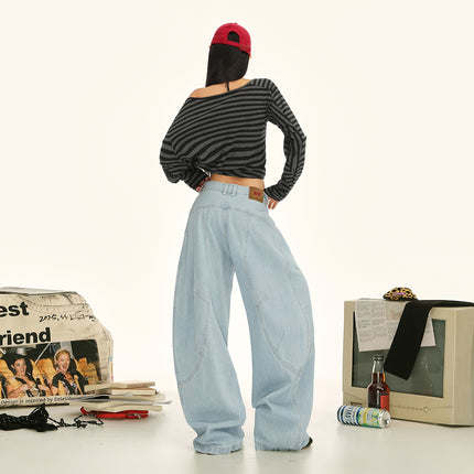 Raccoon House # American Retro Silhouette Washed Scimitar Jeans Unisex High-Waisted Loose Deconstructed Design Floor-Length Pants for Women