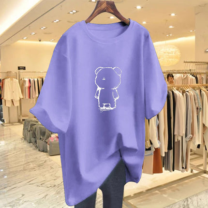 White Long Bear Printed T-shirt Women's Summer 2025 New European plus size Loose Butt Covering Long T-shirt