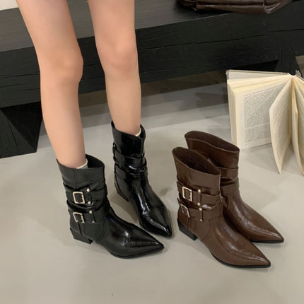 2025 Autumn/Winter Pointed Toe Western Cowboy Boots Autumn/Winter Slimming Melard Short Boots Retro Chunky Heel Mid-Calf Riding Boots