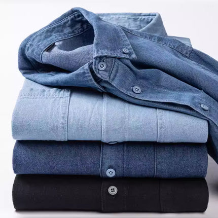 2023 new denim shirt buckle collar long sleeve casual men's tremolo fast hand a generation of retro Joker shirt