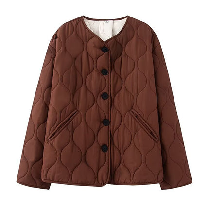 European and American Style Cross-Border Export Women's 2025 Fashionable Autumn and Winter Simple and Versatile Round Neck Long-Sleeved Cotton Jacket Quilted Cotton Jacket