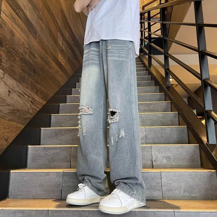 Vintage Distressed Ripped Jeans for Spring and Autumn, Loose Wide-Leg Floor-Length Straight Pants, Trendy Hot Item