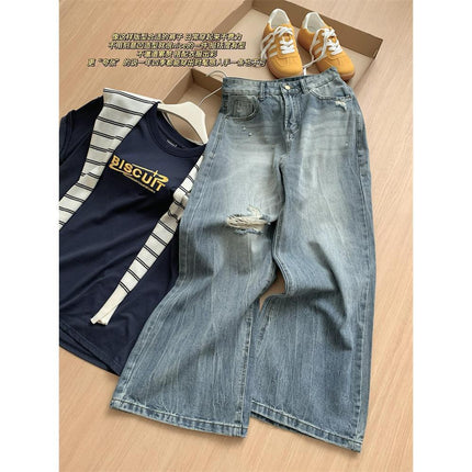 Vintage Ripped Straight-Leg Jeans for Women, High-Waisted, Loose, Slimming, Spring/Summer Wide-Leg Pants, Petite Floor-Length Trousers