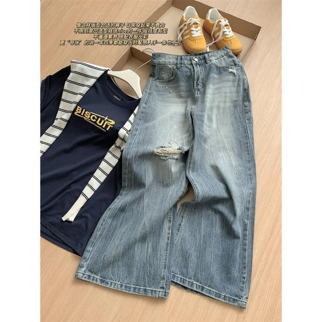 Vintage Ripped Straight-Leg Jeans for Women, High-Waisted, Loose, Slimming, Spring/Summer Wide-Leg Pants, Petite Floor-Length Trousers