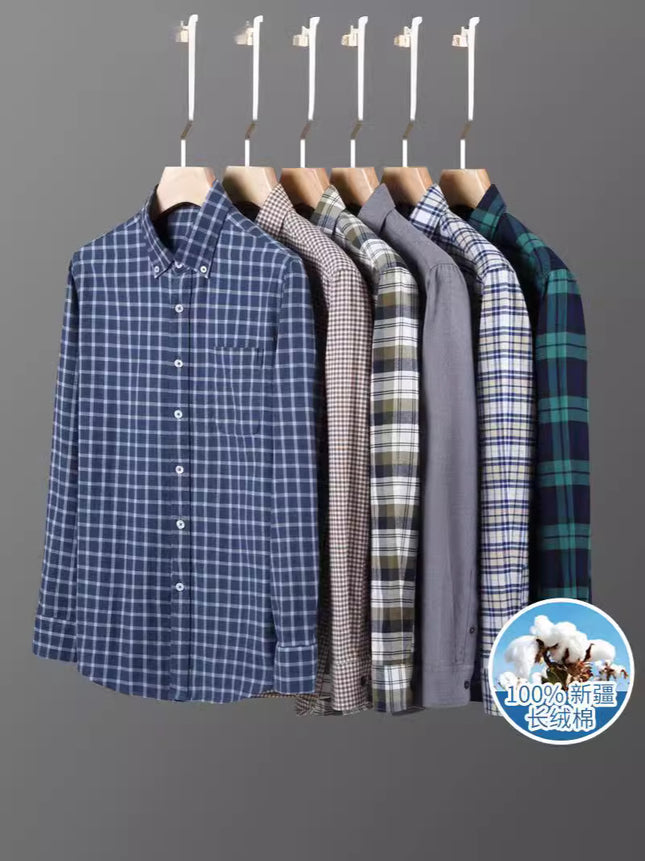 Men's Long-Sleeved Pure Cotton Brushed Plaid Casual Shirts Trendy Fashion Casual Shirts Wholesale