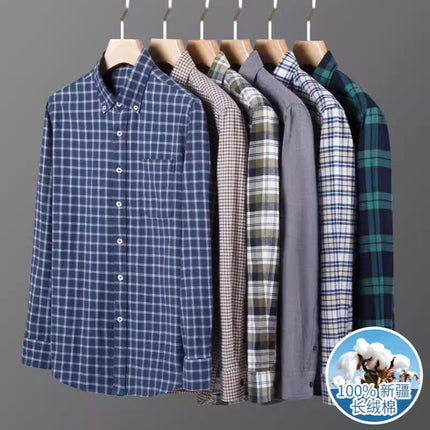 Men's Long-Sleeved Pure Cotton Brushed Plaid Casual Shirts Trendy Fashion Casual Shirts Wholesale