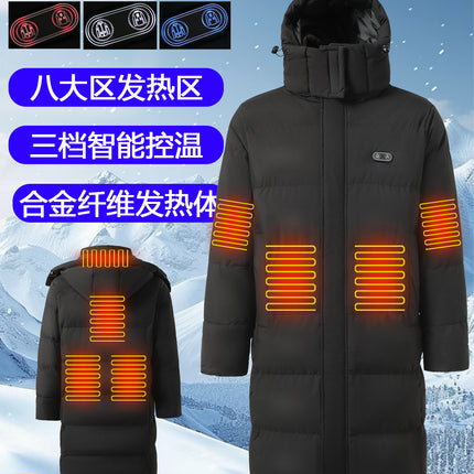 Cross-Border European Size Winter Smart Heating Clothing, Popular Outdoor Hooded Heated Cotton Coat for Men and Women, Over-The-Knee Long Constant Temperature Clothing
