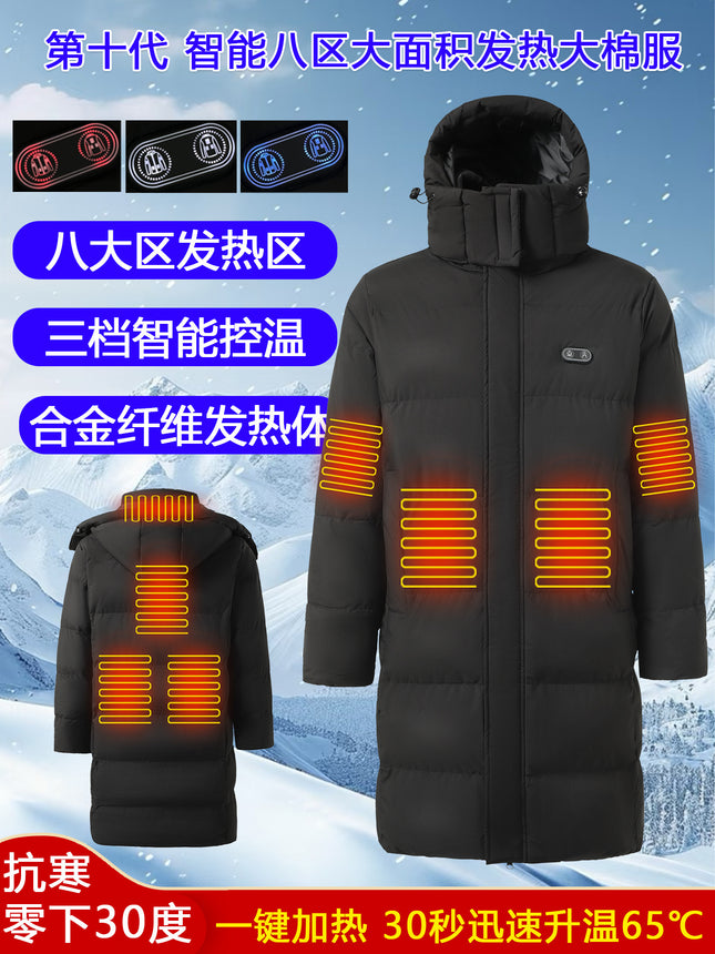 Cross-Border European Size Winter Smart Heating Clothing, Popular Outdoor Hooded Heated Cotton Coat for Men and Women, Over-The-Knee Long Constant Temperature Clothing