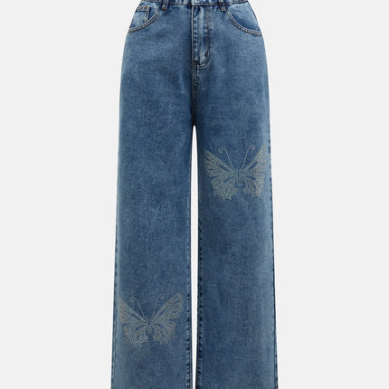 Cross-Border Women's American Retro Washed Distressed Rhinestone Jeans Autumn and Winter Loose Slimming High-Waisted Floor-Length Pants