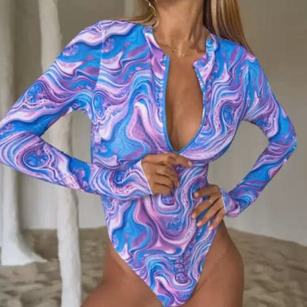 Zipper Long-Sleeved Sun Protection Mesh Swimsuit for Women Printed One-Piece Swimsuit Bikini Купальник