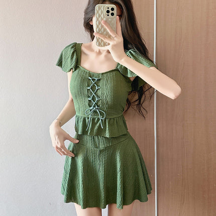Fairy Swimsuit Women's Split Ruffled Pure Want Waist Cover Belly Conservative Slim Dress Two-piece Hot Spring Swimsuit