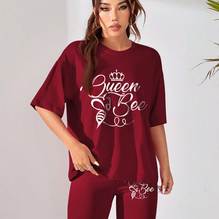 Cross-border Wine Red Fashion Small Crown Print All-match Short-sleeve Shorts suit