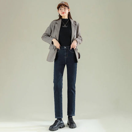 fleece-lined Thickened High Waist Wide Leg Jeans Women's Autumn and Winter Fashion All-match New Loose Narrow Edition Straight Pipe Trousers