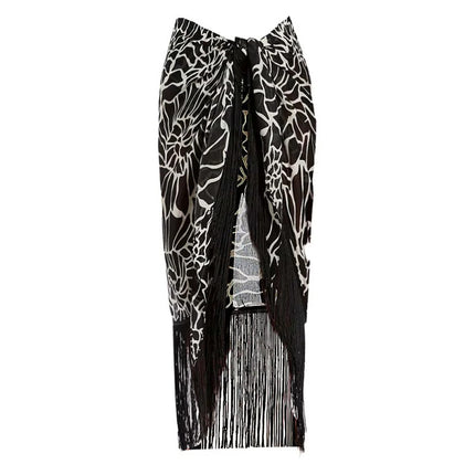 2024 European and American bikini New Double-sided Ruffled Printed High Waist Split Swimsuit Tassel Wrap Skirt 25206