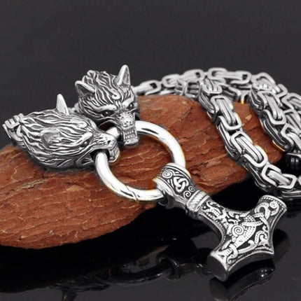 Popular Foreign Trade Viking Wolf Jewelry Stainless Steel Chain Thor Hammer Pendant Necklace Men's Sweater Chain Wholesale Dropshipping