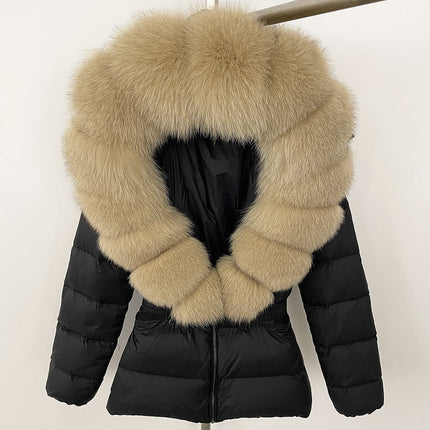 25 New Foreign Trade Hot Style Short Women's Real Fox Fur Collar down Jacket Thickened Slim Waist Fur down Jacket