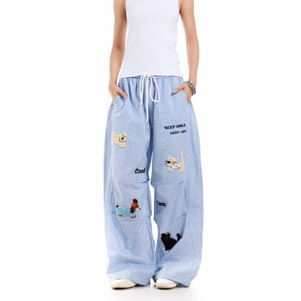 American-Style Lazy Puppy Towel Embroidered Plaid Long Pants Retro Loose Design Straight Drape Casual Pants Trendy Women's Style