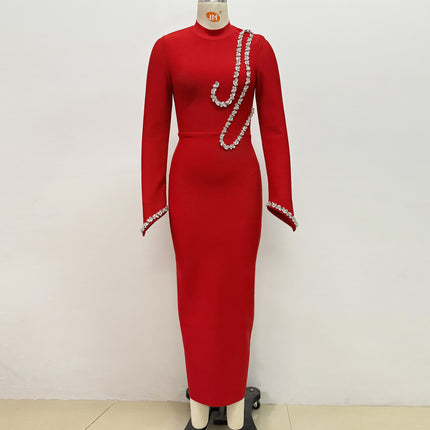 Europe and the United States cross-border new nail drill long sleeve tight bandage dress socialite elegant banquet dress dress