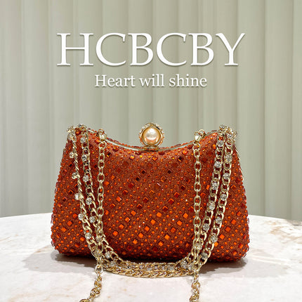 Orange Flash Luxury Rhinestone Decoration Evening Bag Women's Fashionable Elegant High-end Clutch Bag