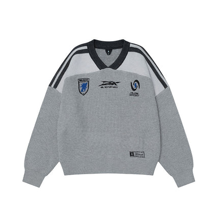 # OVDY Fall/Winter New Sweater Men's Looser Hand Brush Silk Screen Jacquard Street Tide Rovers V-Neck Knitted Shirt