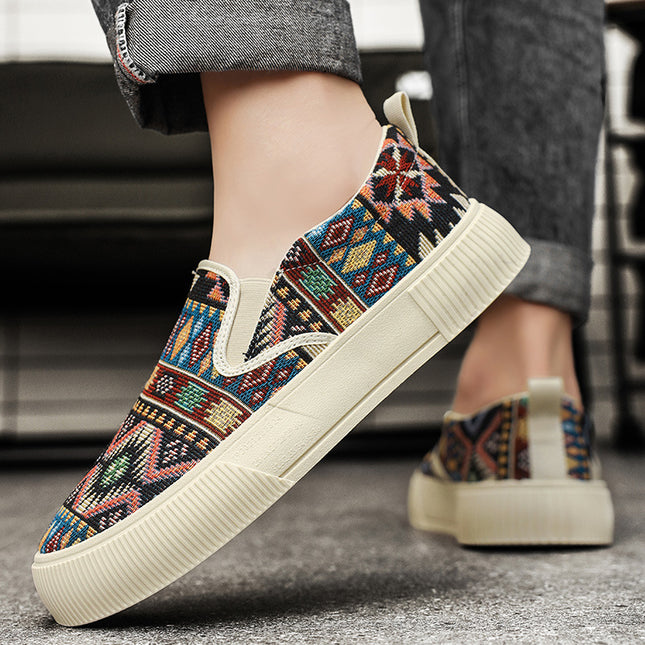 2026 Spring Ethnic Style Trendy Slip-On Low-Top Retro Jacquard Korean Fashion Large Size Platform Sneakers