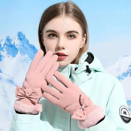 Winter Cycling Warm Gloves fleece-lined Thickened Cold-proof Electric Car Bow Cotton Gloves Women's Waterproof Windproof A98