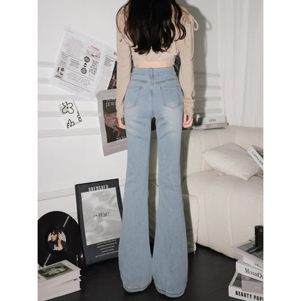 Petite Washed Light-Colored High-Waisted Flared Jeans for Women 2025 Spring New Slim Fit Bootcut Pants