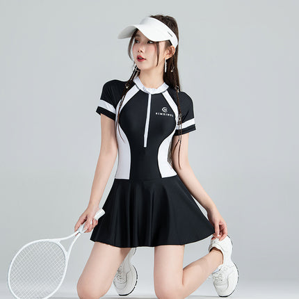 Sports Short-sleeved Swimsuit Women's 2023 New Style Slim-fit Swimsuit Conservative Swimsuit Body-fit Skirt Hot Spring Swimsuit