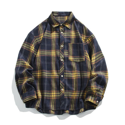 Cross-border Commodity Foreign Trade Loose Retro Plaid Long-sleeved Shirt Men's and Women's Unisex Shirt Coat Shoulder Scrub Shirt