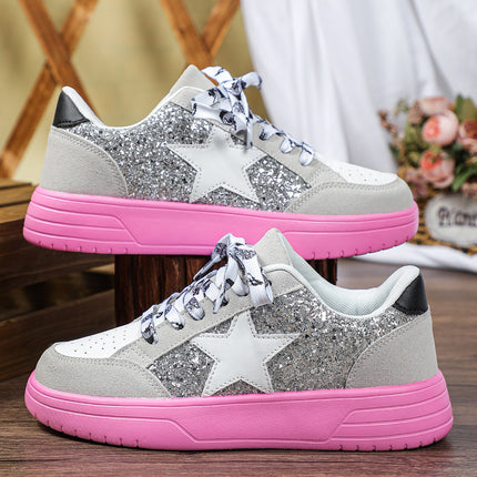 Cross-Border Hot-Selling Spring and Autumn New Women's Sneakers with Front Lace-Up Sequins, Retro Casual Sports Shoes, Fashionable and Versatile School Shoes
