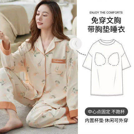 Women's pajamas with chest pad Spring and Autumn long-sleeved cotton wear-free bra anti-bump outerwear homewear suit wholesale