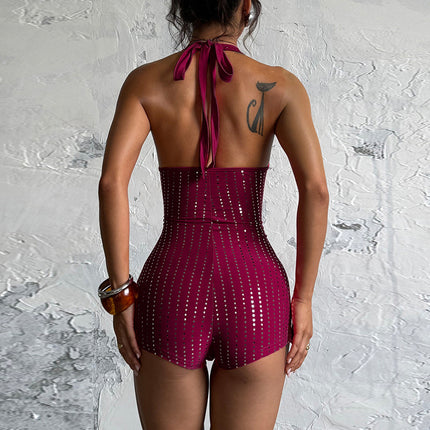 Vacation Beach Dress, European and American Cross-Border Best-Selling Dress, Sexy and Hot Halter Neck Deep V Backless Rhinestone Bodycon Mini Dress