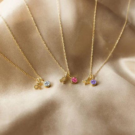 Cross-Border European and American Twelve Zodiac Signs Three-Dimensional Fashion Necklace, Light Luxury Colorful Rhinestone Birthstone Necklace, Stainless Steel Jewelry