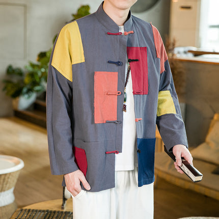 Cotton and Linen Spring 2022 Chinese Style Men's Clothing Stitching Vertical Collar Button Retro National Fashion Tang Suit Hanfu Jacket Coat