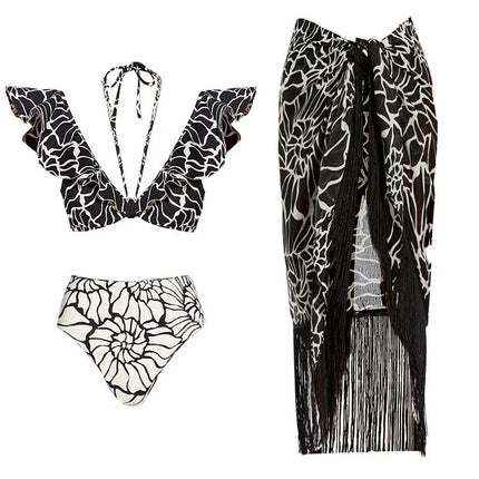 2024 European and American bikini New Double-sided Ruffled Printed High Waist Split Swimsuit Tassel Wrap Skirt 25206