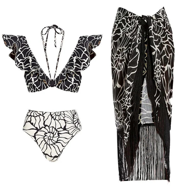 2024 European and American bikini New Double-sided Ruffled Printed High Waist Split Swimsuit Tassel Wrap Skirt 25206