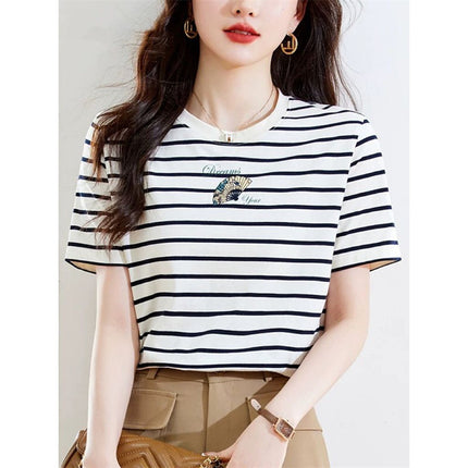 Korean Style Fashionable Half-Sleeved Women's Summer Black and White Stripesd Short-Sleeved T-Shirt Hong Kong Style Stitching Contrasting Color Bottoming Top Ins Half-Sleeved